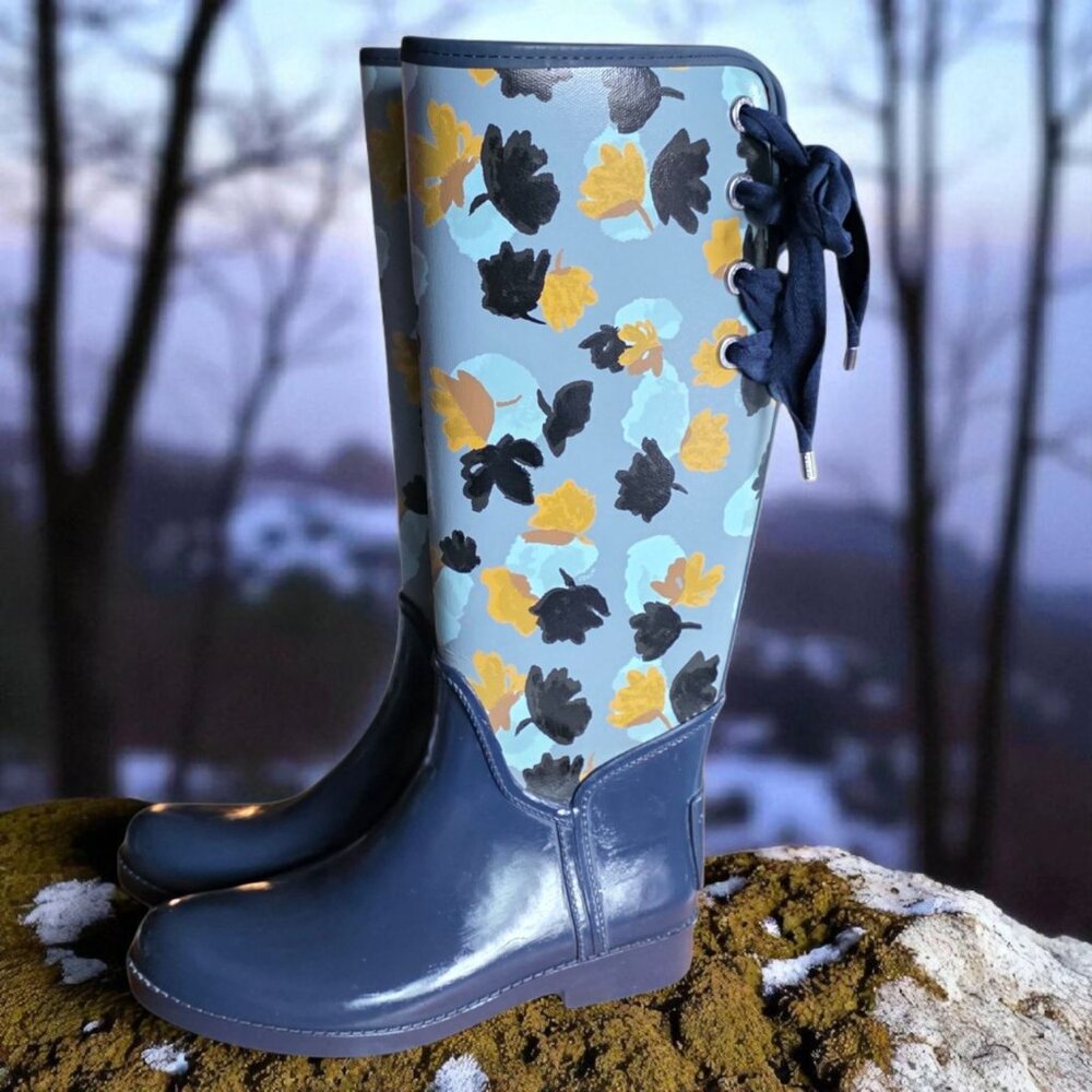 COACH (8) Rain Boots Midnight Navy Corn Powder Blue Lace in Back Boots - Picture 3 of 12
